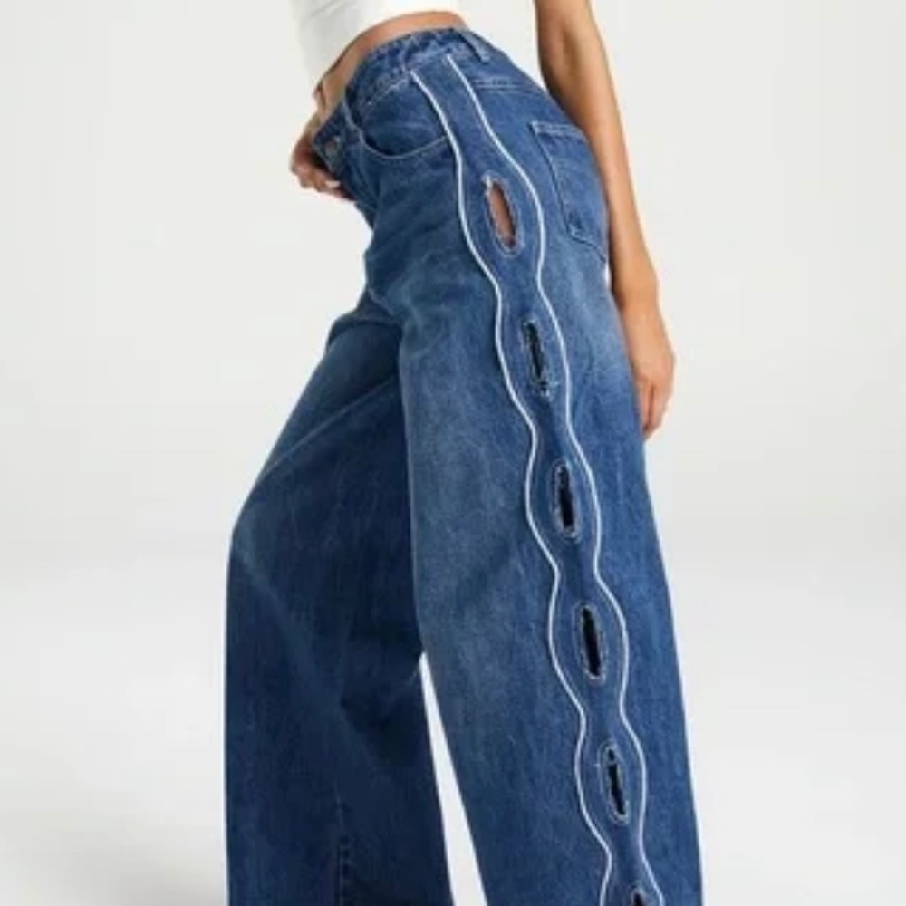 Wide Leg Blue Women's Jeans with Side Cutout Detail